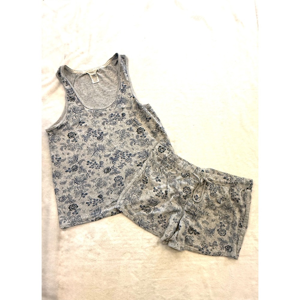 Lucky Brand Womens Pajama Set Grey Blue Floral Tank and Shorts Size Large